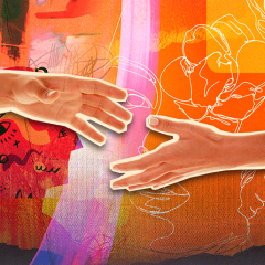Two hands reaching out to one another for support; mixed media.