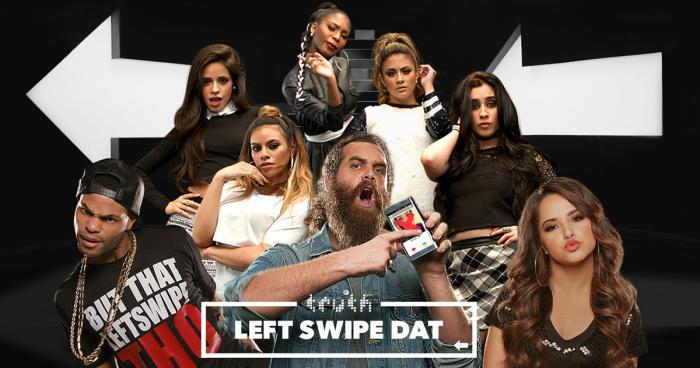 Group of people posing around central figure holding phone, with large arrows and text about swiping dating choices.