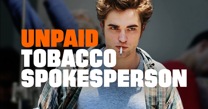 Person smoking with large text “Unpaid Tobacco Spokesperson” overlaid on image.