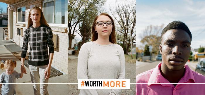 Three people shown side-by-side outdoors with text “#WorthMore” centered across the images.