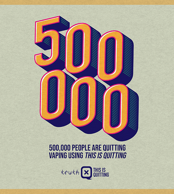 Bold retro graphic displaying “500,000” in large colorful 3D text, with caption stating “500,000 people are quitting vaping using This Is Quitting."