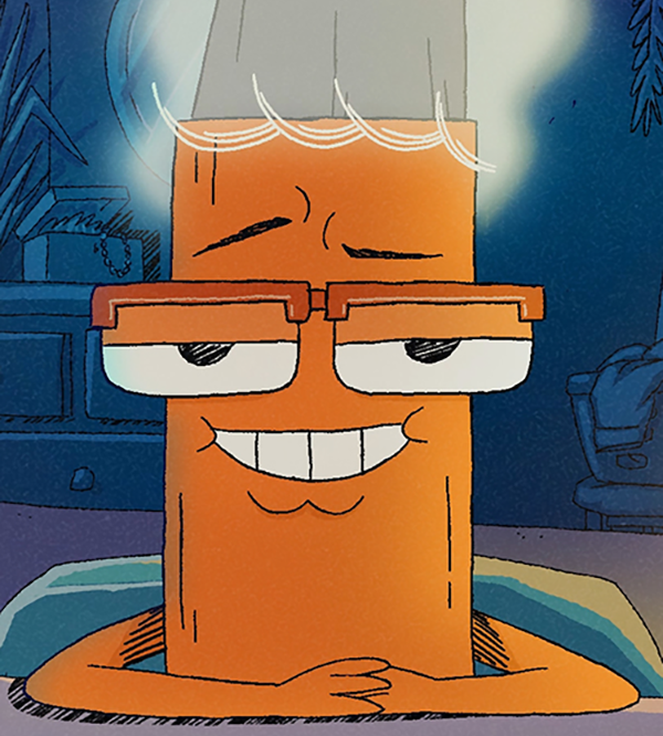 Cartoon illustration of an anthropomorphic orange vape character with a smug, grinning face and squinted eyes, seated as if in a therapist's office.